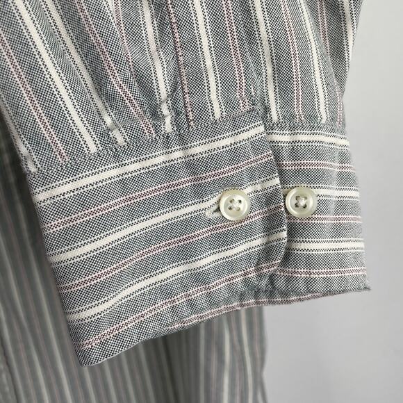 Vintage 90s Mens Striped Button Up Shirt 17 Green Tan Contrast Collar Retro Prep - Picture 8 of 16